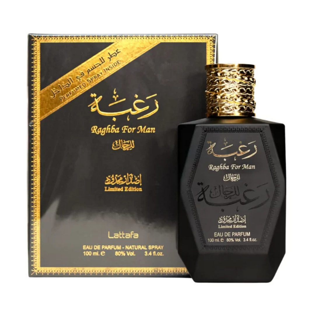 Lattafa Raghba for Man EDP 100ml perfume bottle and box – warm oriental woody vanilla fragrance with top notes vanilla oud musk, heart of sandalwood incense sugar, base of amber cedarwood