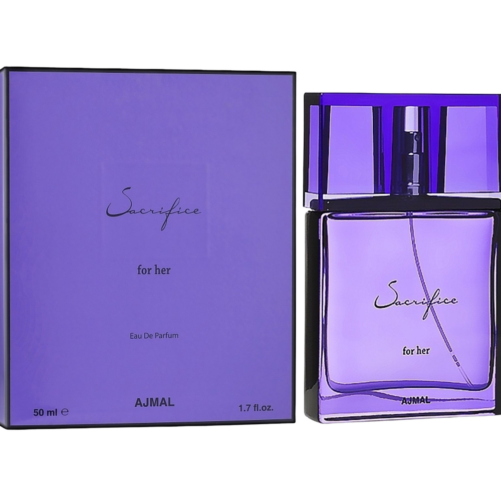 Ajmal Sacrifice for Her EDP 50ml perfume bottle and box – sophisticated long lasting floral scent for women