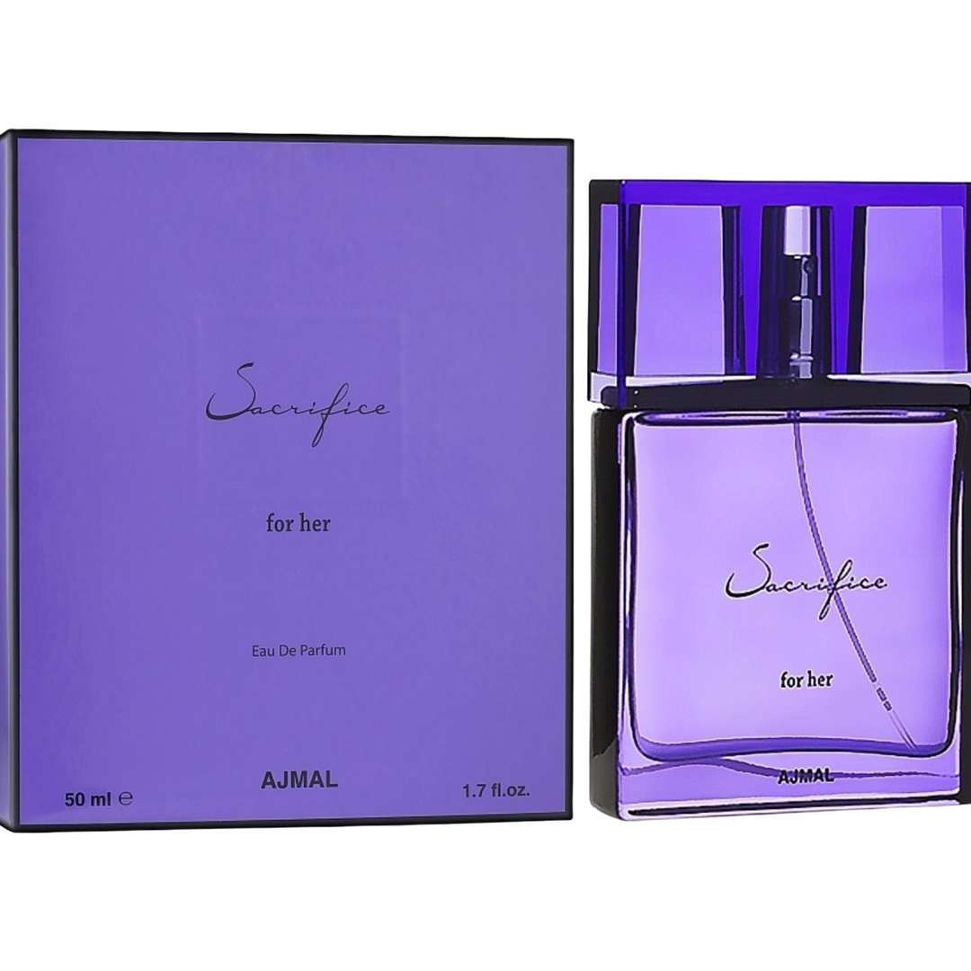 Ajmal Sacrifice for Her EDP 50ml perfume bottle and box – sophisticated long lasting floral scent for women