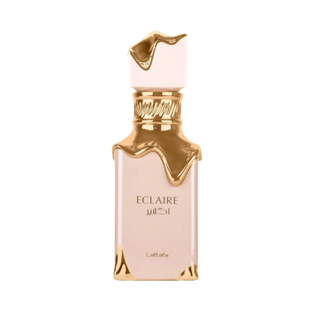 Straight front view of Lattafa Eclaire EDP 100ml perfume bottle – delicious sweet gourmand fragrance with top notes caramel almond milk, heart of vanilla jasmine praline, base of tonka bean sandalwood amber musk