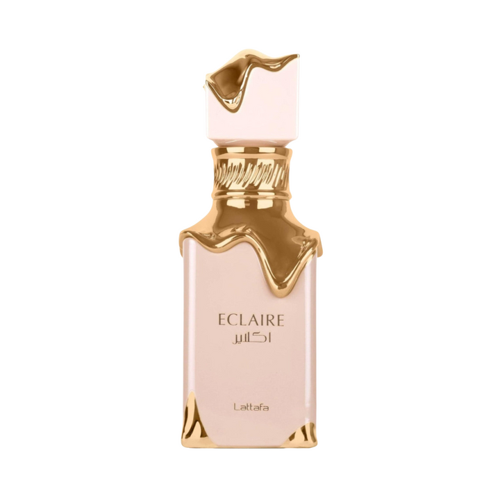 Straight front view of Lattafa Eclaire EDP 100ml perfume bottle – delicious sweet gourmand fragrance with top notes caramel almond milk, heart of vanilla jasmine praline, base of tonka bean sandalwood amber musk