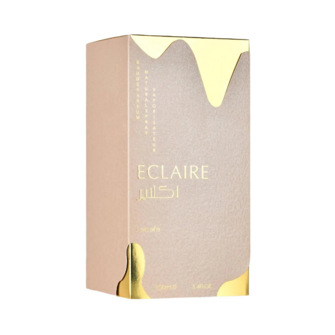 Lattafa Eclaire EDP 100ml perfume box slight side angle – elegant packaging for sweet gourmand fragrance with caramel almond milk, vanilla jasmine praline, tonka bean sandalwood amber musk