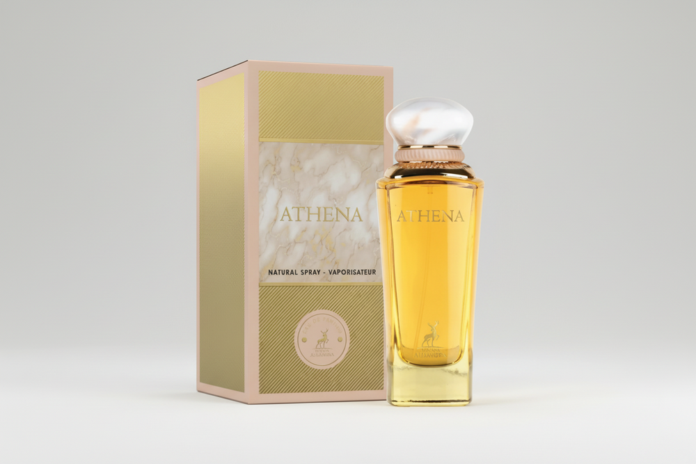 Maison Alhambra Athena EDP 100ml perfume bottle and box slight side angle – sophisticated floral woody scent for women