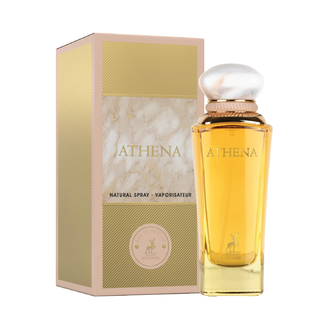 Maison Alhambra Athena EDP 100ml perfume bottle and box slight side angle – sophisticated floral woody scent for women