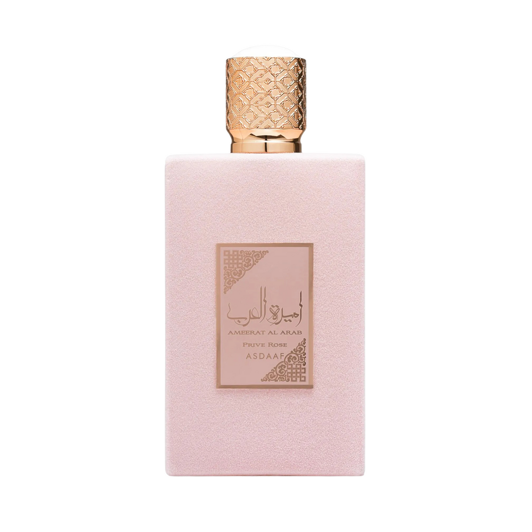 Straight front view of Asdaaf Ameerat Al Arab Prive Rose EDP 100ml perfume bottle – sophisticated long lasting floral oriental scent for women