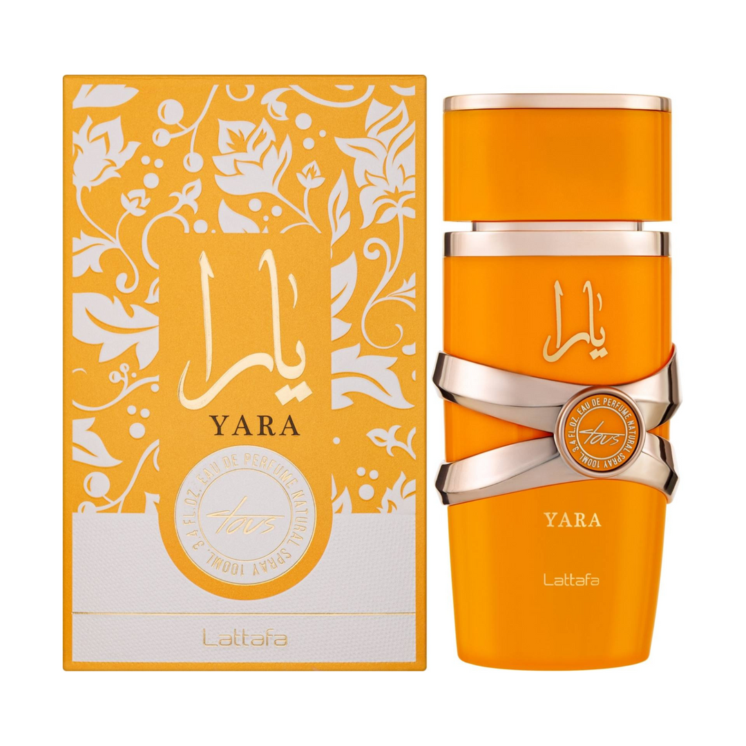 Lattafa Yara Tous EDP 100ml perfume bottle and box – exotic fruity floral fragrance with top notes coconut mango passionfruit, heart of jasmine heliotrope orange blossom, base of vanilla musk sandalwood