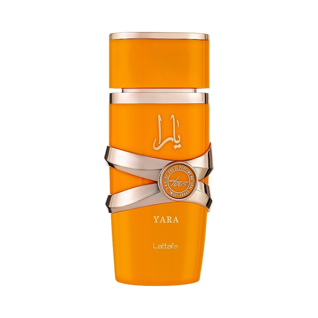 Straight front view of Lattafa Yara Tous EDP 100ml perfume bottle – elegant long lasting fruity floral scent with coconut mango passionfruit, jasmine heliotrope orange blossom, vanilla musk sandalwood