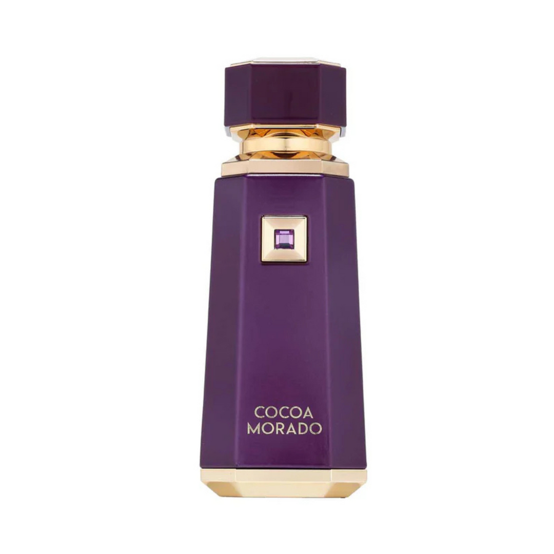 Straight front view of French Avenue Cocoa Morado EDP 100ml perfume bottle – rich sweet gourmand fragrance with top notes cocoa caramel cinnamon, heart of dates praline jasmine, base of vanilla amber sandalwood musk