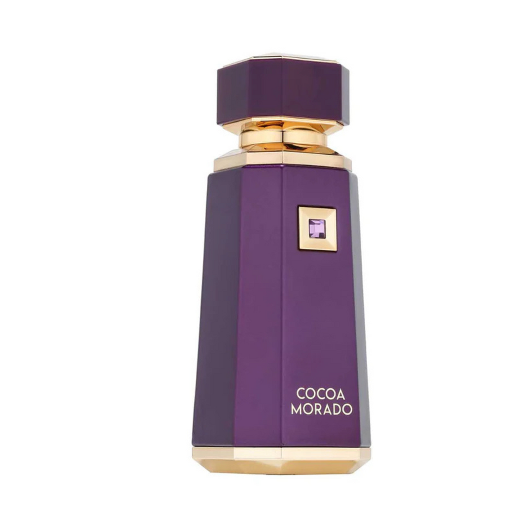French Avenue Cocoa Morado EDP 100ml perfume bottle slight side angle – delicious long lasting gourmand scent with cocoa caramel cinnamon, dates praline jasmine, vanilla amber sandalwood musk