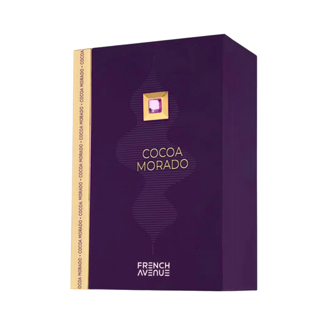 French Avenue Cocoa Morado EDP 100ml perfume box slight side angle – elegant packaging for gourmand fragrance with cocoa caramel cinnamon, dates praline jasmine, vanilla amber sandalwood musk