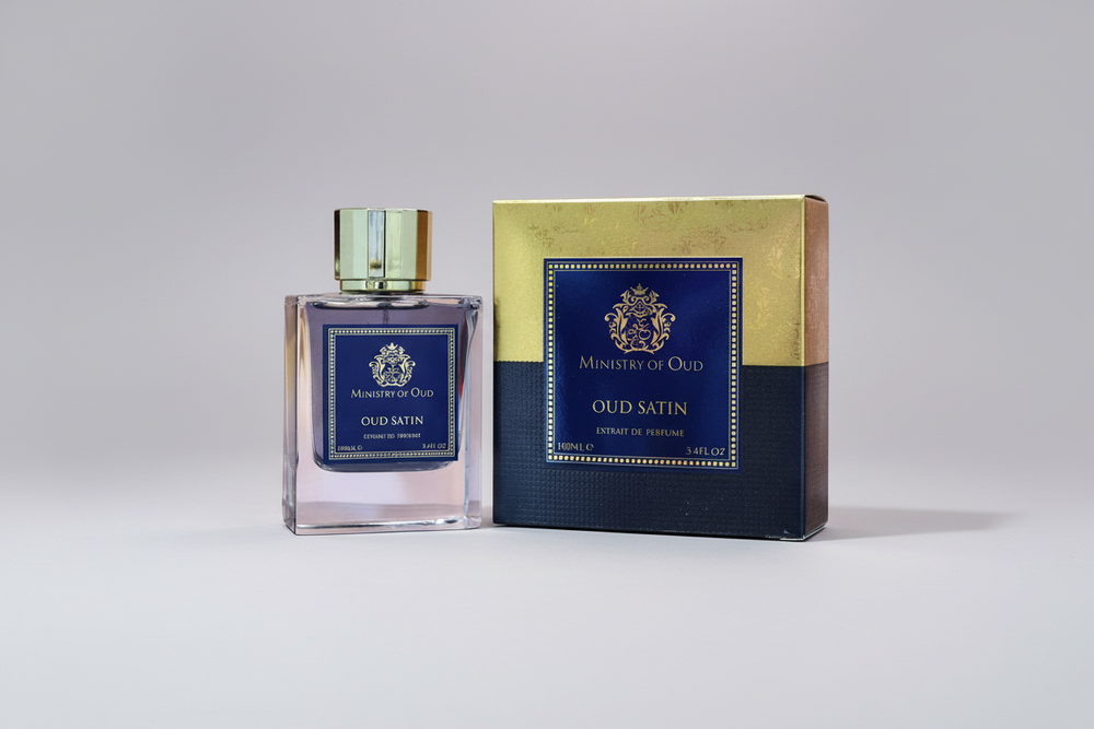 Paris Corner Oud Satin EDP 100ml perfume bottle and box slight side angle – elegant long lasting sweet floral oud scent with violet rose bergamot, Turkish rose oud benzoin, vanilla amber musk