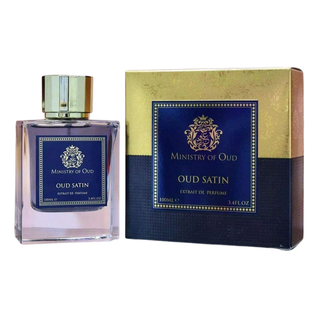 Paris Corner Oud Satin EDP 100ml perfume bottle and box slight side angle – elegant long lasting sweet floral oud scent with violet rose bergamot, Turkish rose oud benzoin, vanilla amber musk