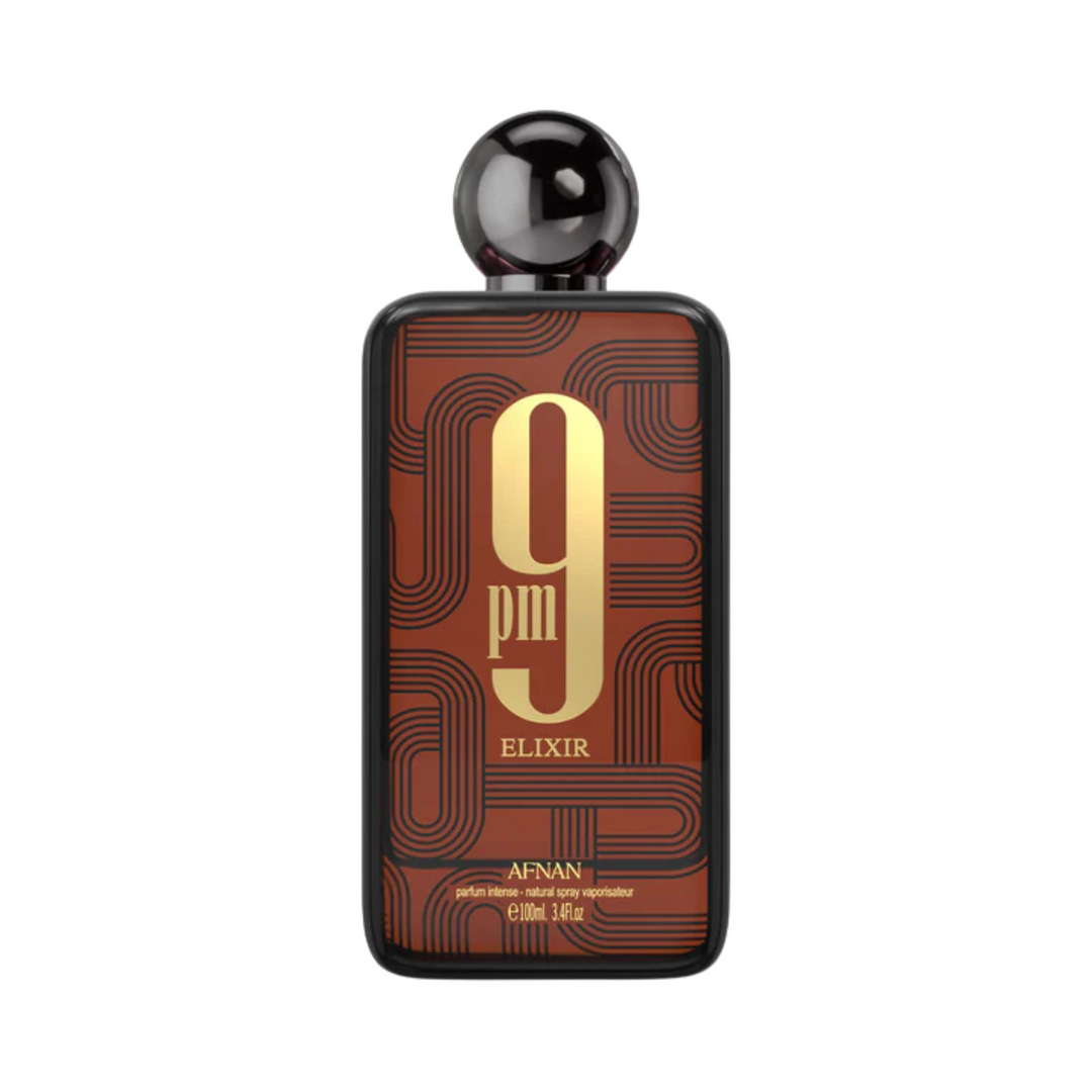Straight front view of Afnan 9PM Elixir EDP 100ml perfume bottle – intense sweet spicy masculine fragrance