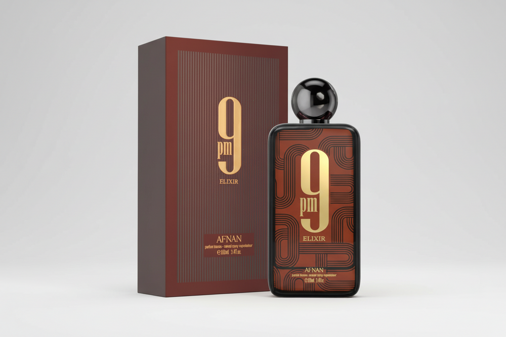Afnan 9PM Elixir EDP 100ml perfume bottle and box slight side angle – rich warm sweet spicy scent for men