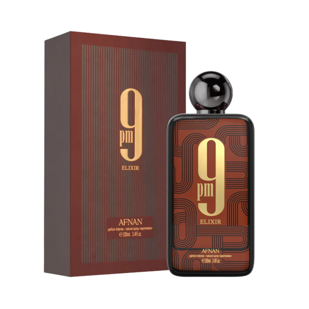 Afnan 9PM Elixir EDP 100ml perfume bottle and box slight side angle – rich warm sweet spicy scent for men