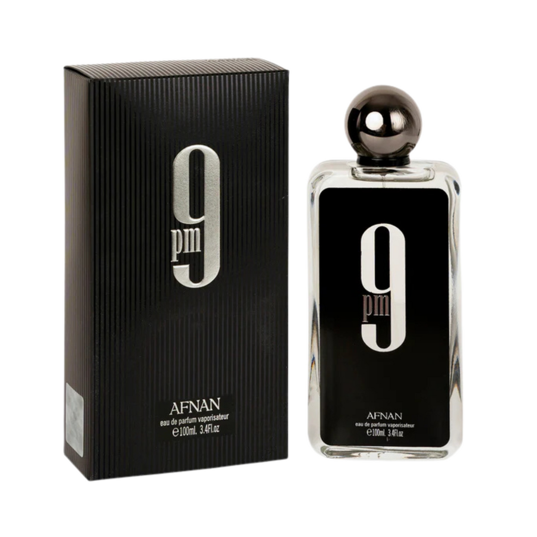 Afnan 9PM EDP 100ml perfume bottle and box slight side angle – rich warm sweet spicy scent for men