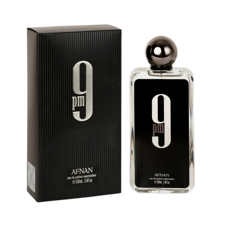 Afnan 9PM EDP 100ml perfume bottle and box slight side angle – rich warm sweet spicy scent for men