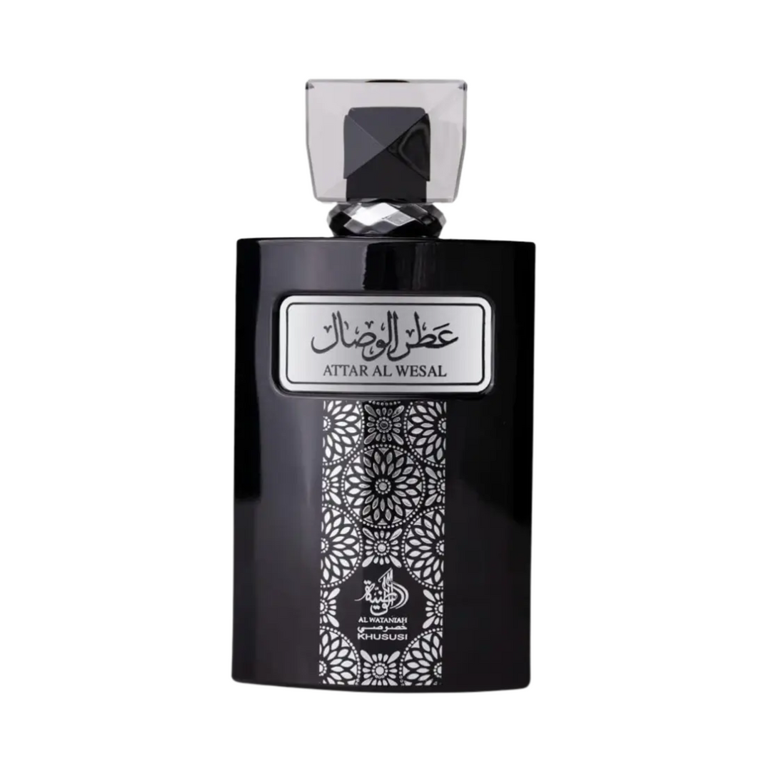 Straight front view of Al Wataniah Attar Al Wesal EDP 100ml perfume bottle – rich oriental woody floral fragrance with top notes bergamot and saffron, heart of rose and jasmine, base of amber, musk and sandalwood
