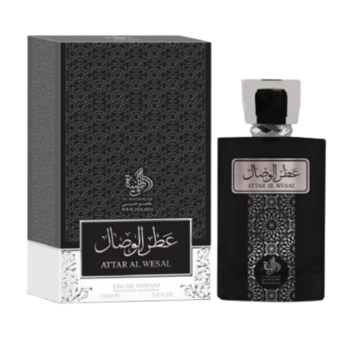 Al Wataniah Attar Al Wesal EDP 100ml perfume bottle and box slight side angle – luxurious long lasting oriental woody floral scent with bergamot, saffron, rose, jasmine, amber, musk and sandalwood