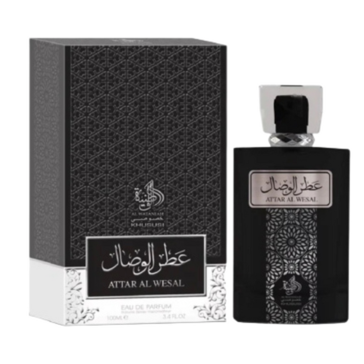Al Wataniah Attar Al Wesal EDP 100ml perfume bottle and box slight side angle – luxurious long lasting oriental woody floral scent with bergamot, saffron, rose, jasmine, amber, musk and sandalwood