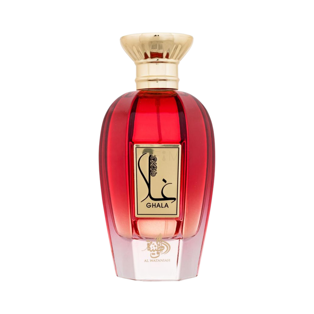 Straight front view of Al Wataniah Ghala EDP 100ml perfume bottle – elegant oriental floral woody fragrance with top notes bergamot saffron pink pepper, heart of rose jasmine patchouli, base of amber musk sandalwood oud