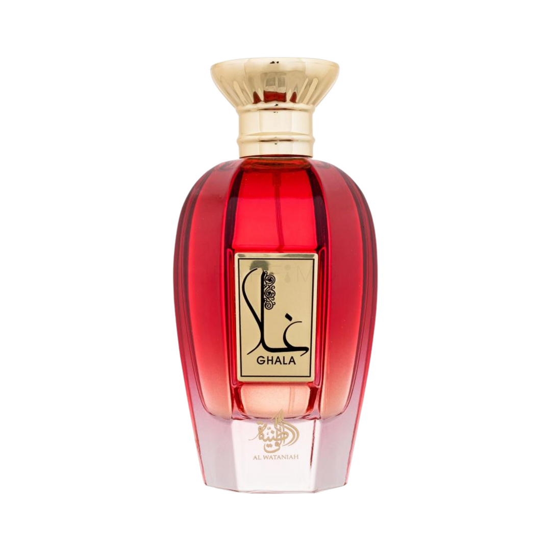 Straight front view of Al Wataniah Ghala EDP 100ml perfume bottle – elegant oriental floral woody fragrance with top notes bergamot saffron pink pepper, heart of rose jasmine patchouli, base of amber musk sandalwood oud