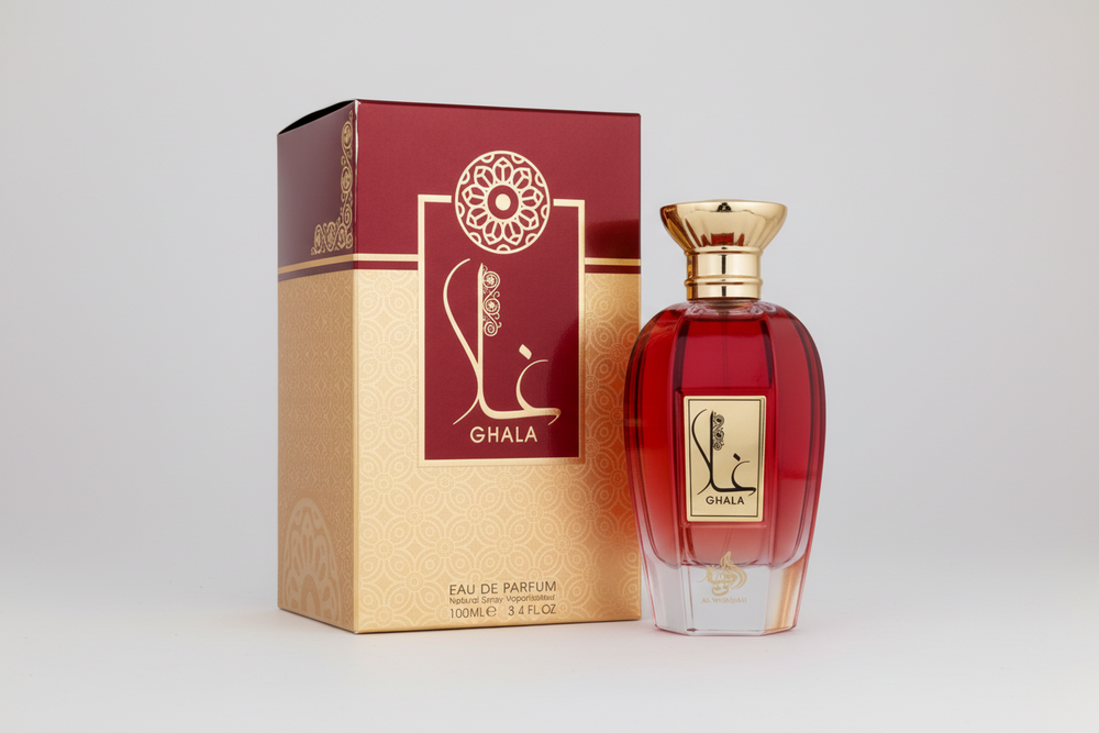 Al Wataniah Ghala EDP 100ml perfume bottle and box – rich long lasting oriental floral woody scent with bergamot saffron pink pepper, rose jasmine patchouli, amber musk sandalwood oud