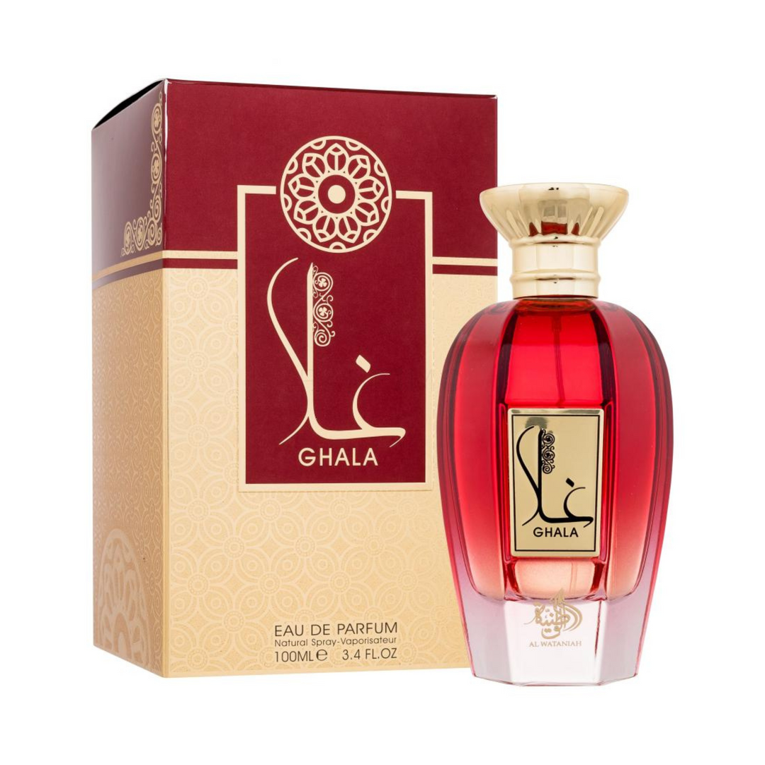 Al Wataniah Ghala EDP 100ml perfume bottle and box – rich long lasting oriental floral woody scent with bergamot saffron pink pepper, rose jasmine patchouli, amber musk sandalwood oud