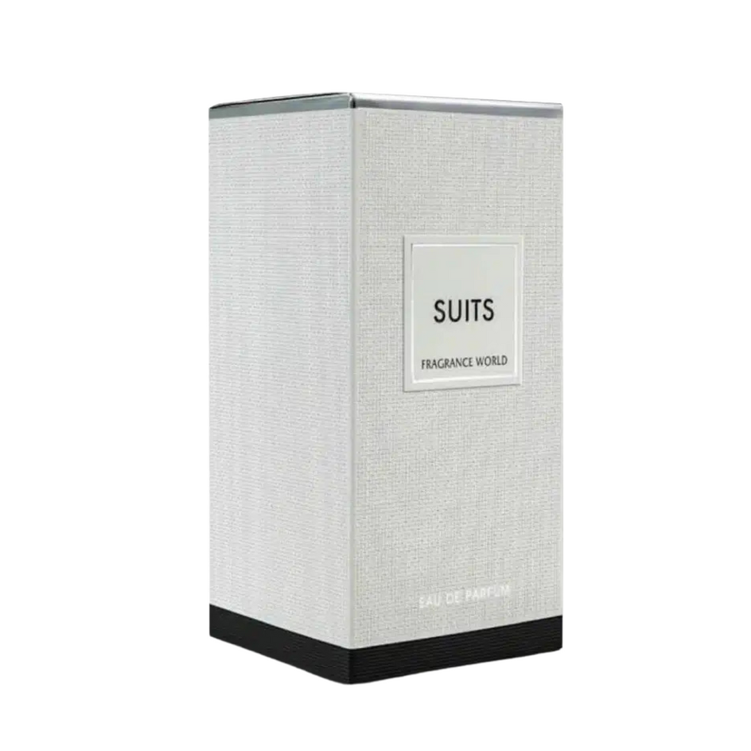 Fragrance World Suits EDP 100ml perfume bottle and box slight side angle – elegant long lasting fresh spicy woody scent with bergamot lemon pink pepper, lavender geranium cedar, amber musk sandalwood patchouli