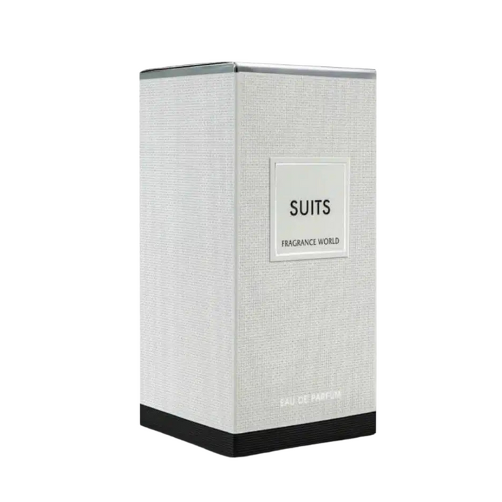 Fragrance World Suits EDP 100ml perfume bottle and box slight side angle – elegant long lasting fresh spicy woody scent with bergamot lemon pink pepper, lavender geranium cedar, amber musk sandalwood patchouli