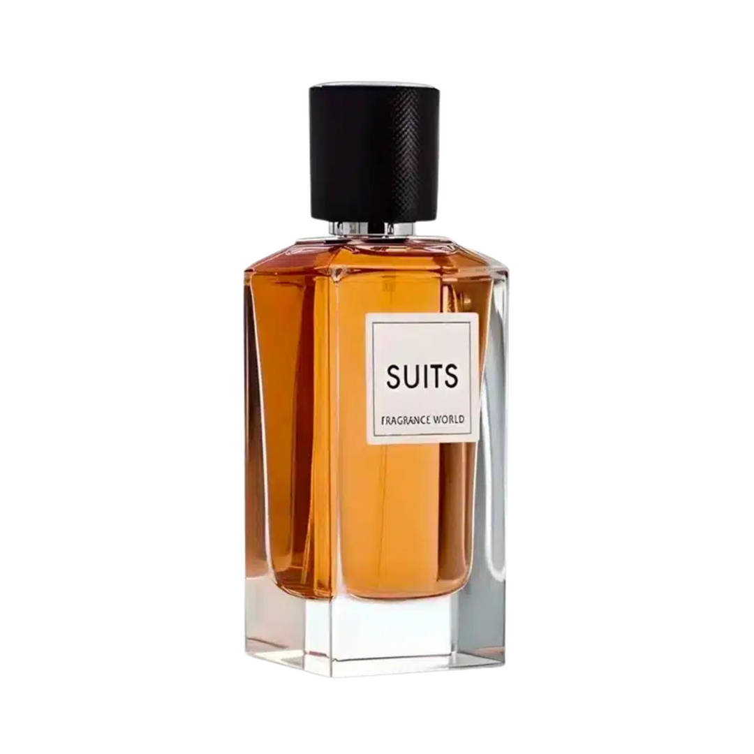 Straight front view of Fragrance World Suits EDP 100ml perfume bottle – sophisticated fresh spicy woody masculine fragrance with top notes bergamot lemon pink pepper, heart of lavender geranium cedar, base of amber musk sandalwood patchouli