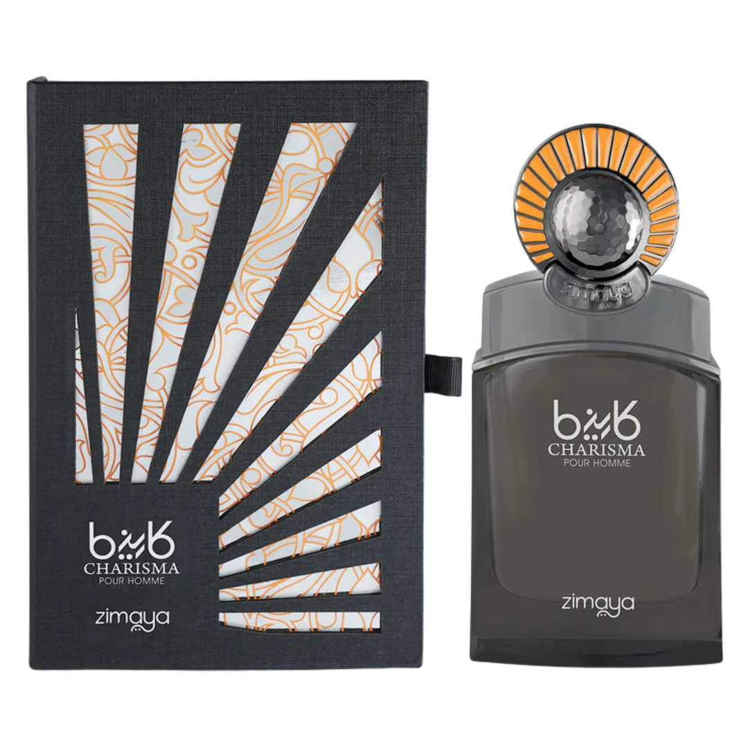 Zimaya Charisma Homme EDP 100ml perfume bottle and box – refined fresh woody masculine fragrance with top notes bergamot lemon pink pepper, heart of lavender geranium cedar, base of amber musk patchouli sandalwood