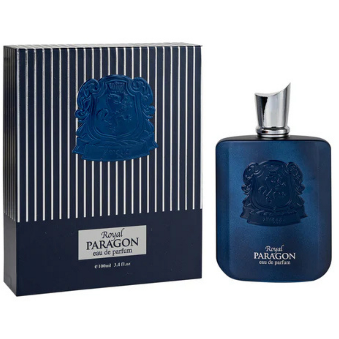 Zimaya Royal Paragon EDP 100ml perfume bottle and box slight side angle – luxurious long lasting oriental woody floral scent with bergamot black pepper, rose jasmine patchouli, amber musk sandalwood vanilla