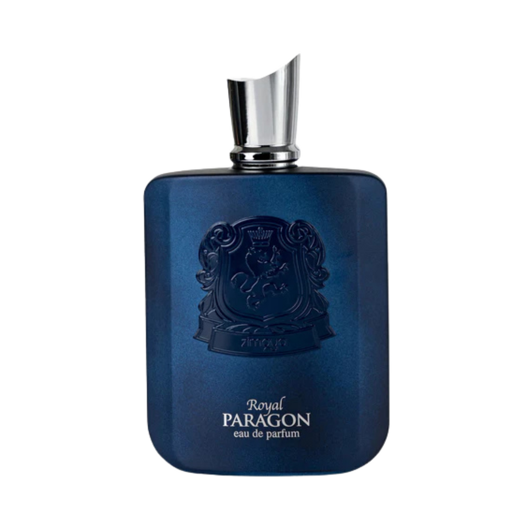 Straight front view of Zimaya Royal Paragon EDP 100ml perfume bottle – elegant oriental woody floral fragrance with top notes bergamot black pepper, heart of rose jasmine patchouli, base of amber musk sandalwood vanilla