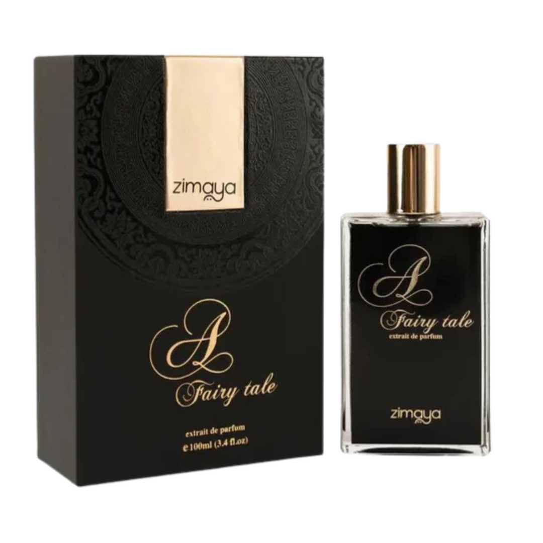Zimaya A Fairy Tale EDP 100ml perfume bottle and box slight side angle – elegant long lasting floral fruity scent with bergamot mandarin black currant, rose jasmine peony, musk amber vanilla sandalwood