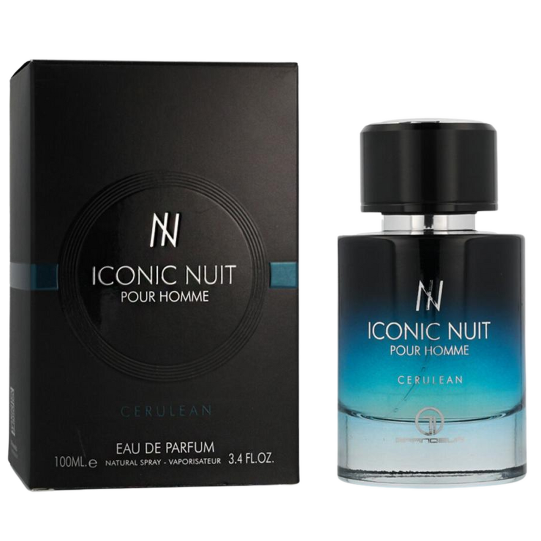 Grandeur Iconic Nuit EDP 100ml perfume bottle and box – elegant evening oriental woody fragrance with top notes bergamot black pepper, heart of lavender geranium patchouli, base of amber cedarwood sandalwood musk