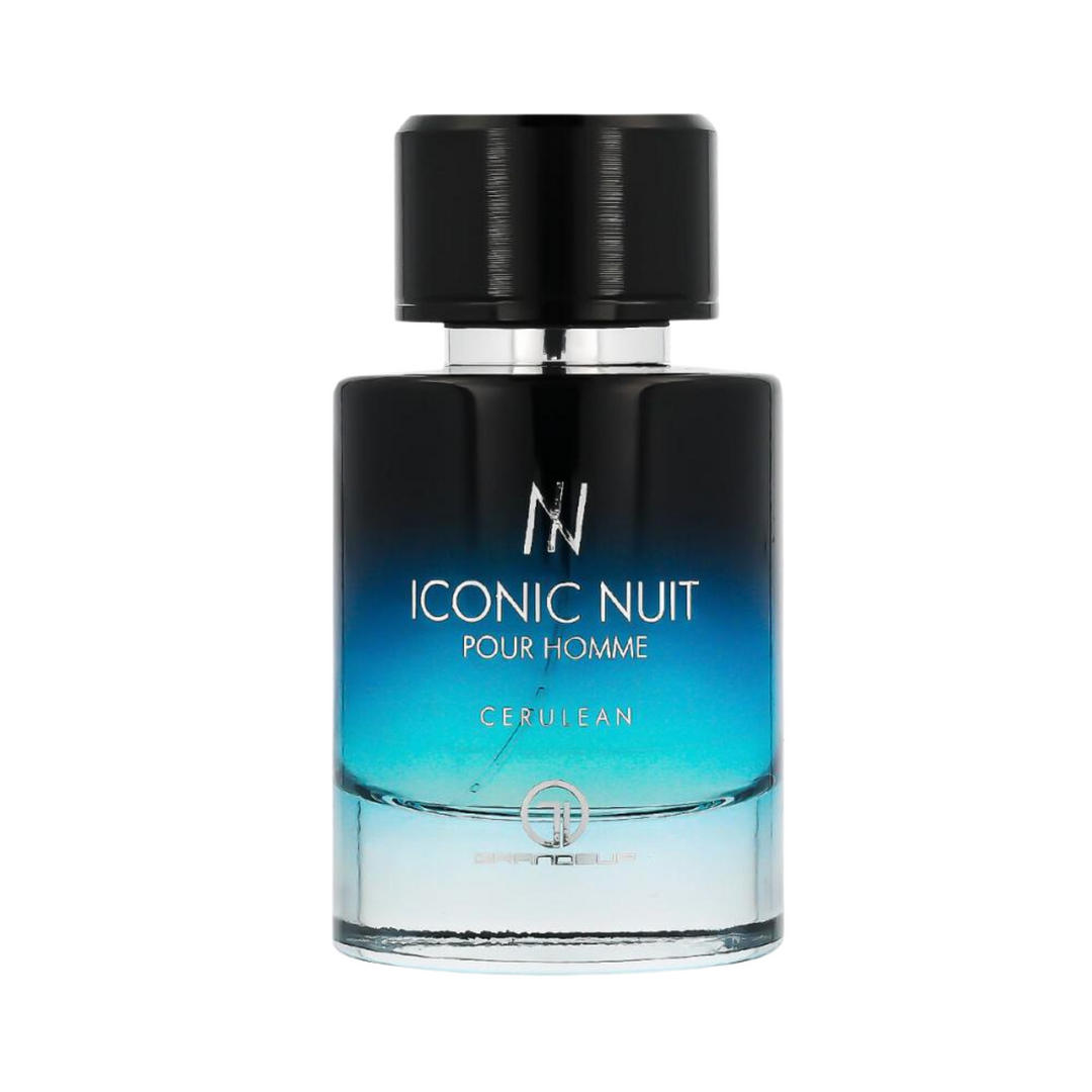 Straight front view of Grandeur Iconic Nuit EDP 100ml perfume bottle – sophisticated long lasting oriental woody scent with bergamot black pepper, lavender geranium patchouli, amber cedarwood sandalwood musk