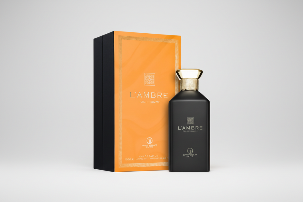 Grandeur L’Ambre EDP 100ml perfume bottle and box slight side angle – rich elegant oriental amber scent with bergamot saffron, amber jasmine rose, vanilla musk sandalwood patchouli