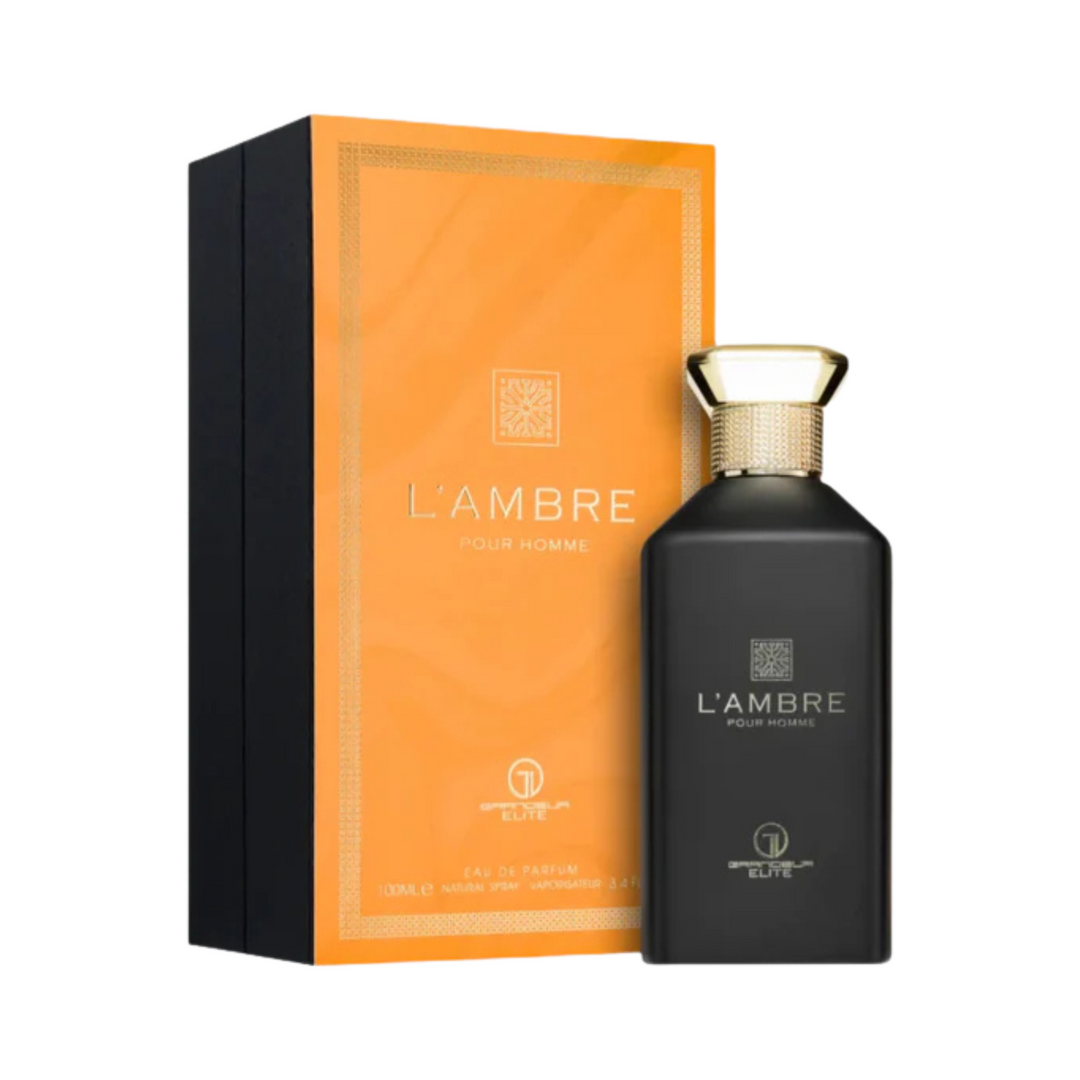 Grandeur L’Ambre EDP 100ml perfume bottle and box slight side angle – rich elegant oriental amber scent with bergamot saffron, amber jasmine rose, vanilla musk sandalwood patchouli