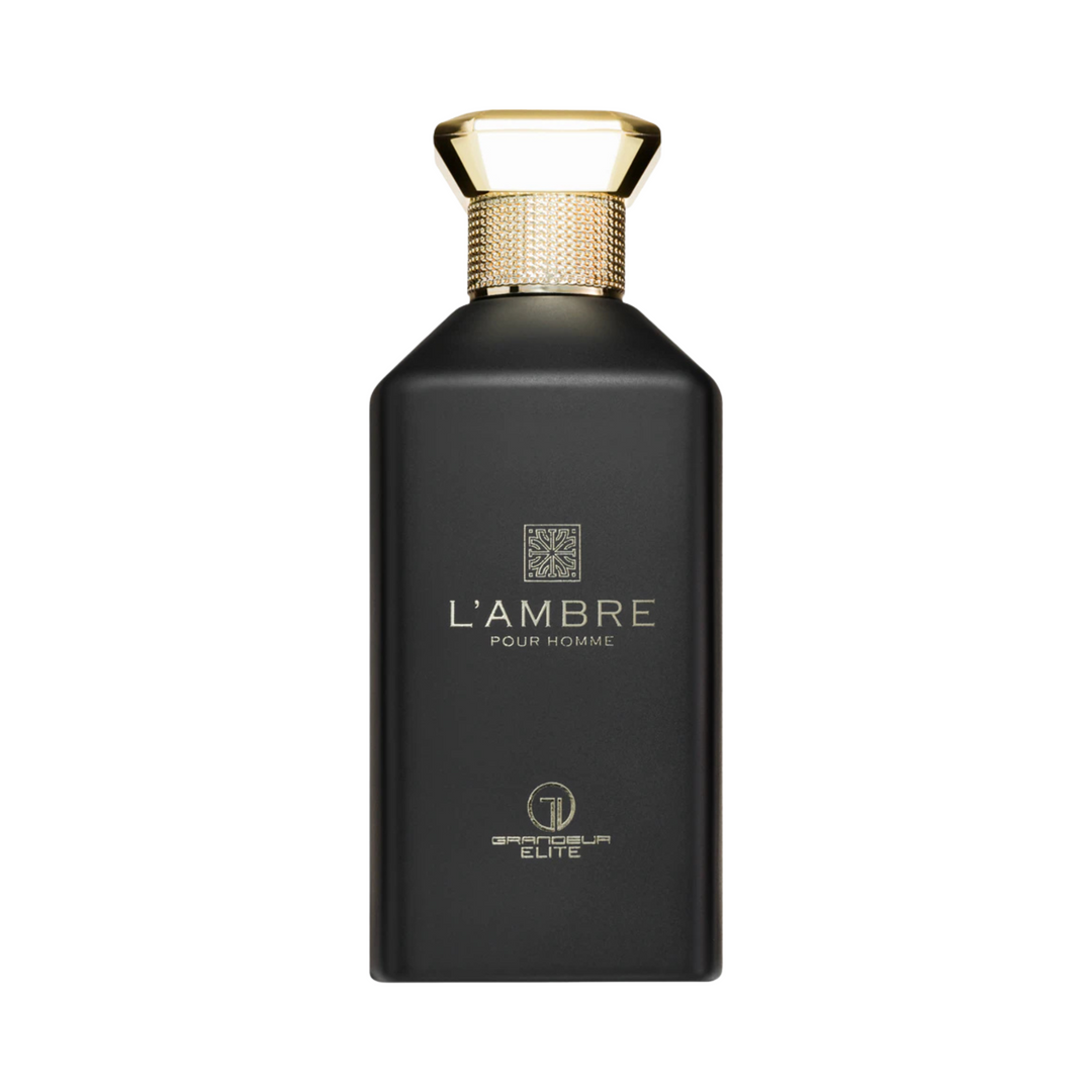 Straight front view of Grandeur L’Ambre EDP 100ml perfume bottle – luxurious oriental amber fragrance with top notes bergamot saffron, heart of amber jasmine rose, base of vanilla musk sandalwood patchouli