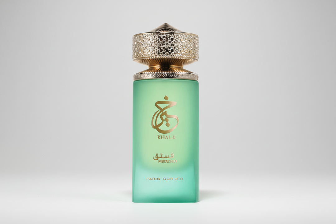 Green perfume bottle with gold cap on a light gray background