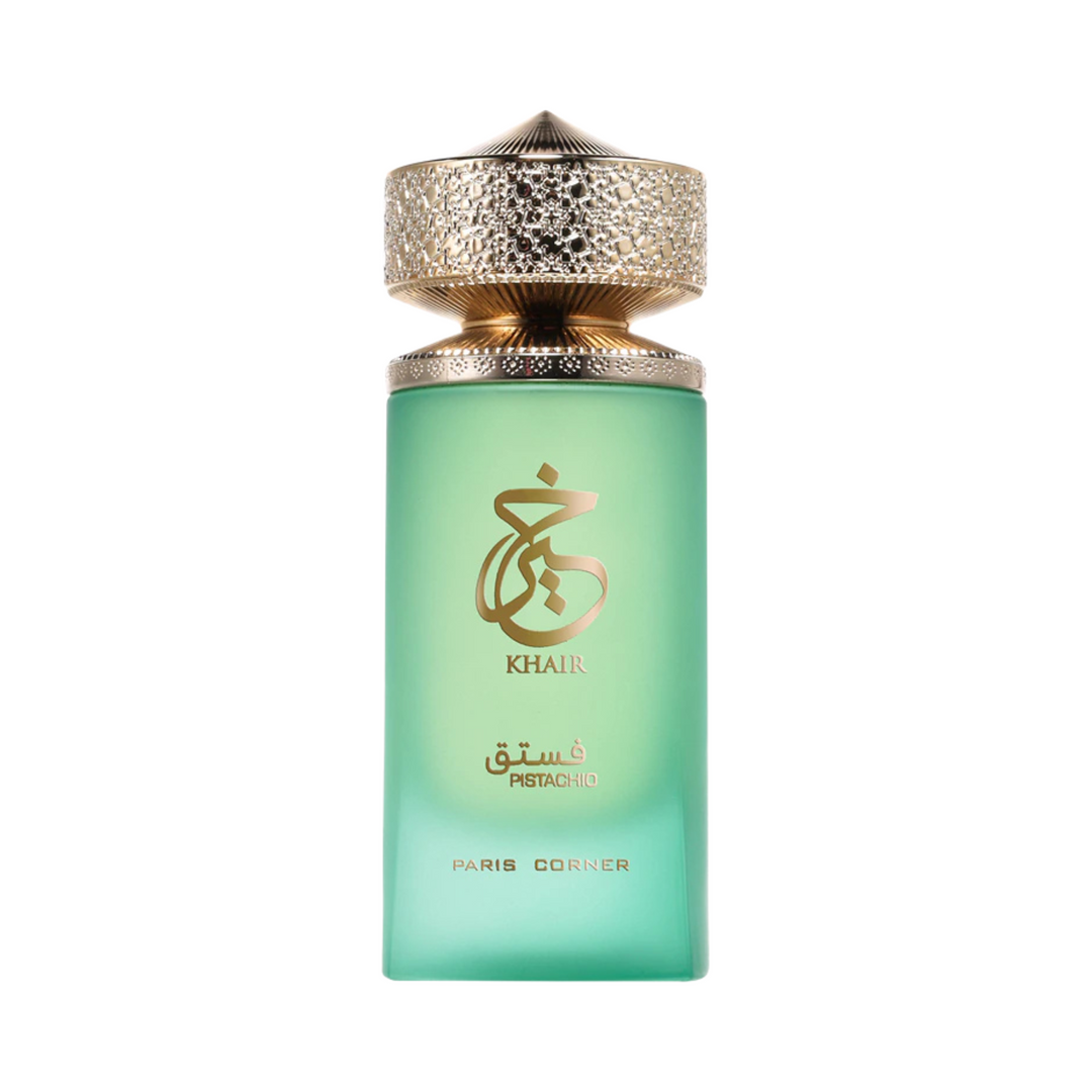 Straight front view of Paris Corner Khair Pistachio EDP 100ml perfume bottle – delicious gourmand pistachio fragrance with top notes pistachio cardamom bergamot, heart of almond jasmine heliotrope, base of vanilla tonka bean amber sandalwood