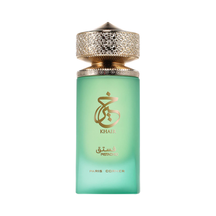 Straight front view of Paris Corner Khair Pistachio EDP 100ml perfume bottle – delicious gourmand pistachio fragrance with top notes pistachio cardamom bergamot, heart of almond jasmine heliotrope, base of vanilla tonka bean amber sandalwood