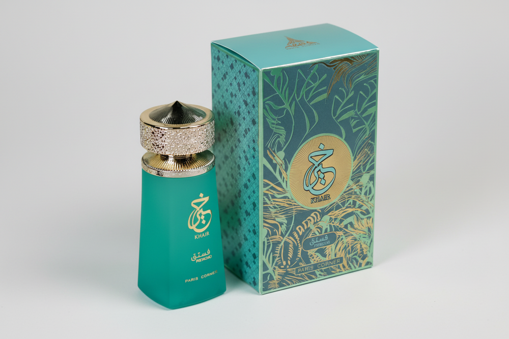 Paris Corner Khair Pistachio EDP 100ml perfume bottle and box slight side angle top view – elegant gourmand pistachio scent with pistachio cardamom bergamot, almond jasmine heliotrope, vanilla tonka bean amber sandalwood