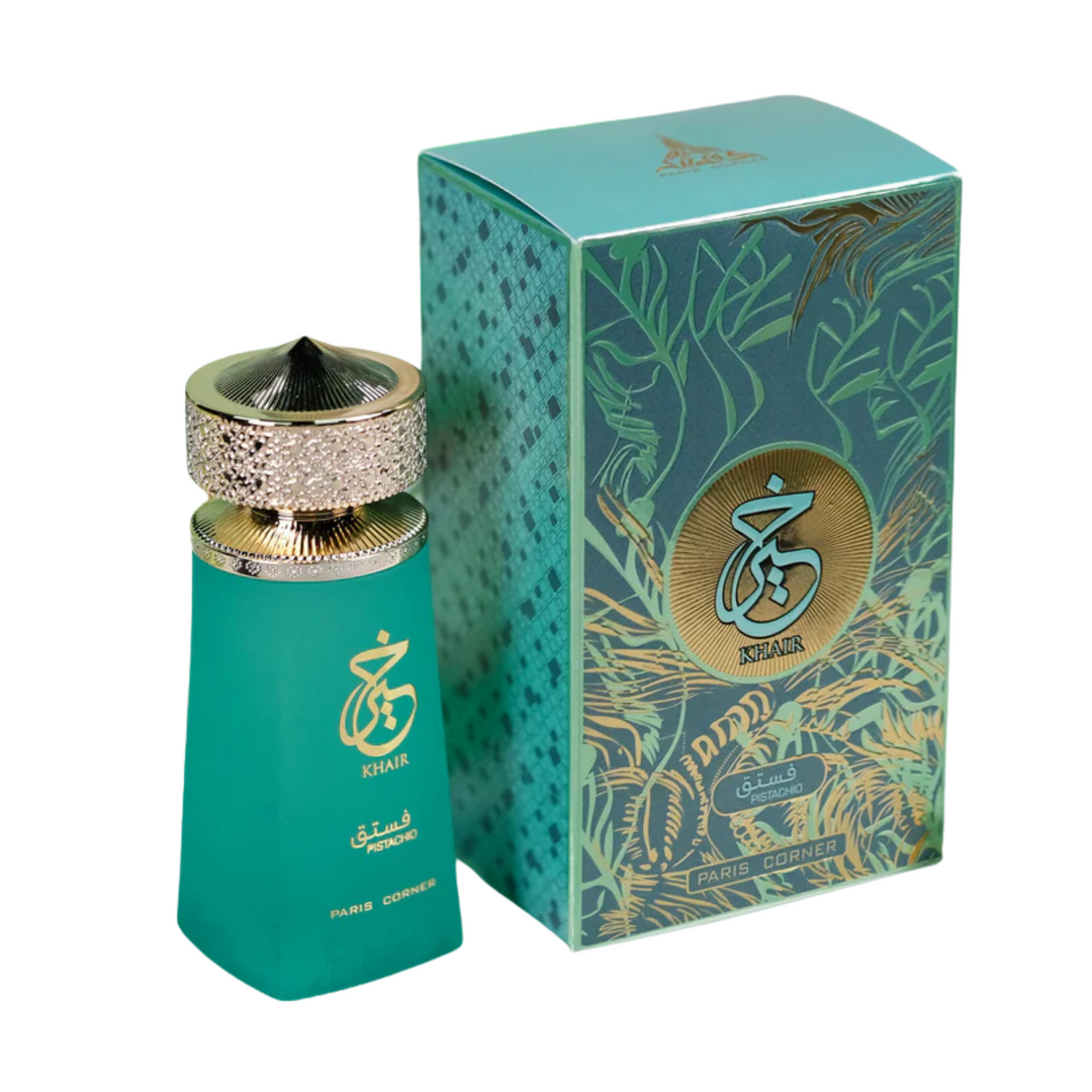 Paris Corner Khair Pistachio EDP 100ml perfume bottle and box slight side angle top view – elegant gourmand pistachio scent with pistachio cardamom bergamot, almond jasmine heliotrope, vanilla tonka bean amber sandalwood