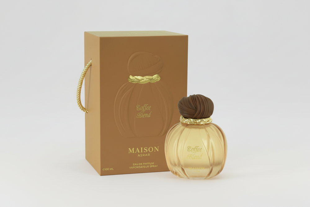 Maison Asrar Coffee Blend EDP 100ml perfume bottle and box slight side angle – elegant long lasting coffee gourmand scent with coffee bergamot, caramel vanilla jasmine, amber tonka bean sandalwood musk
