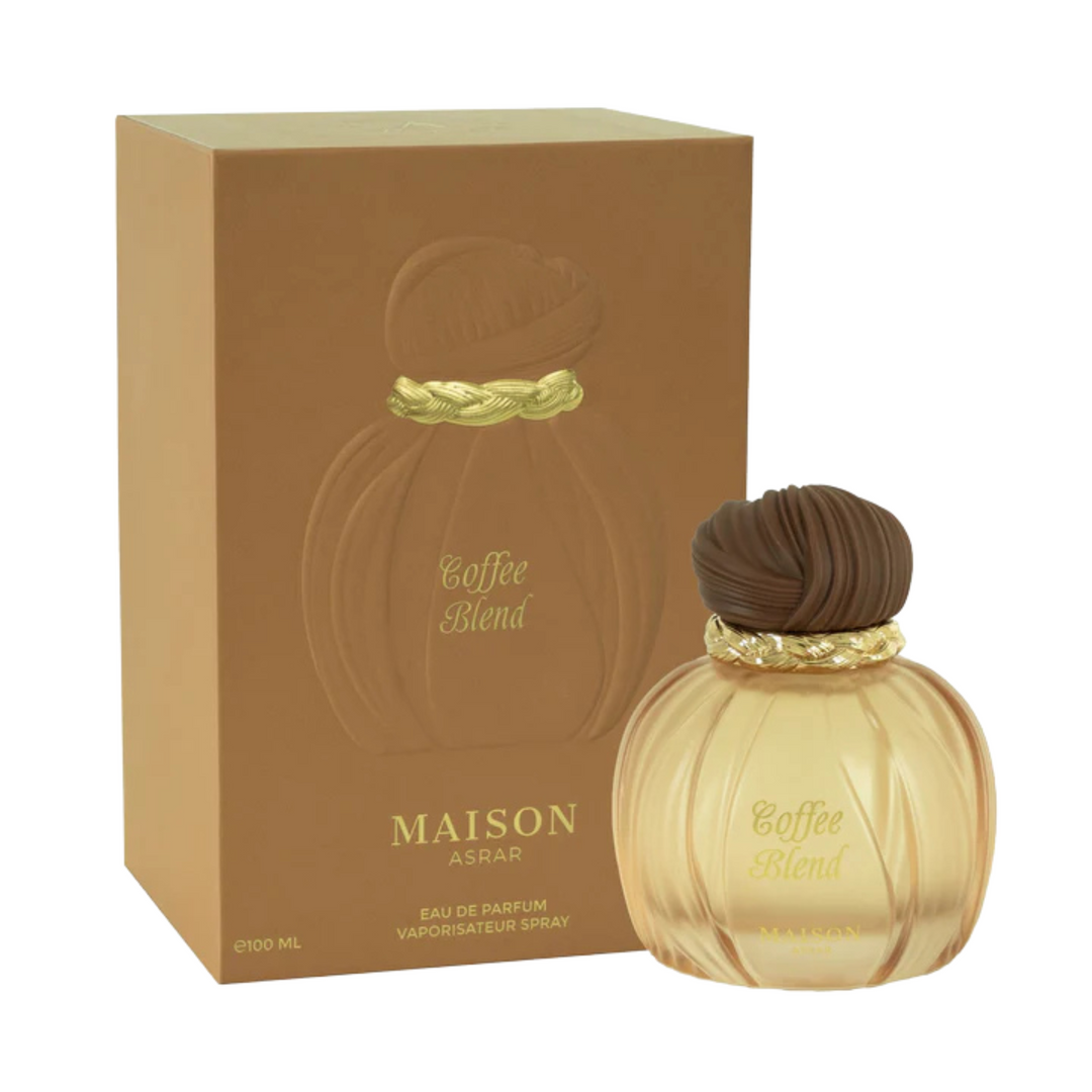 Maison Asrar Coffee Blend EDP 100ml perfume bottle and box slight side angle – elegant long lasting coffee gourmand scent with coffee bergamot, caramel vanilla jasmine, amber tonka bean sandalwood musk