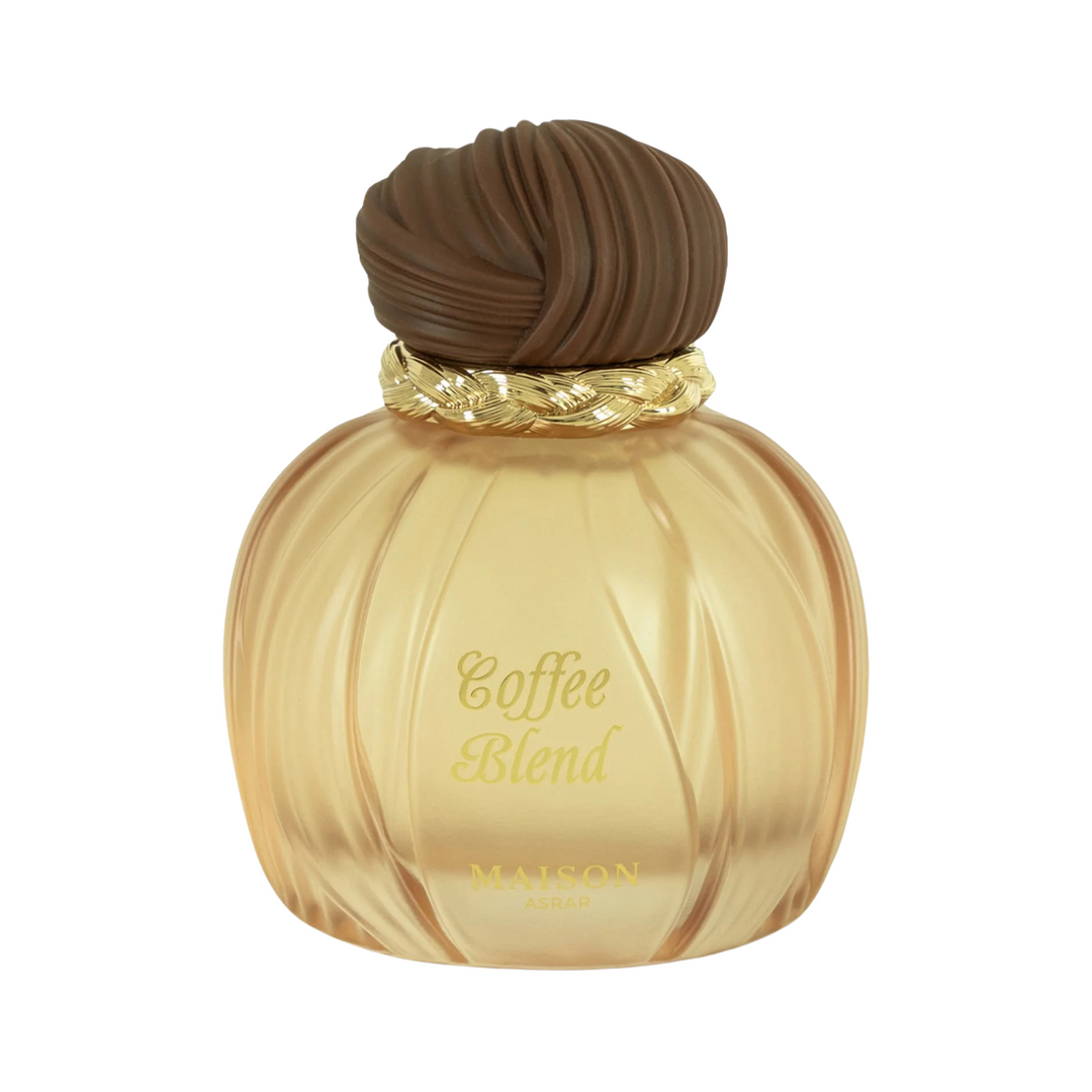 Straight front view of Maison Asrar Coffee Blend EDP 100ml perfume bottle – rich gourmand coffee fragrance with top notes coffee bergamot, heart of caramel vanilla jasmine, base of amber tonka bean sandalwood musk
