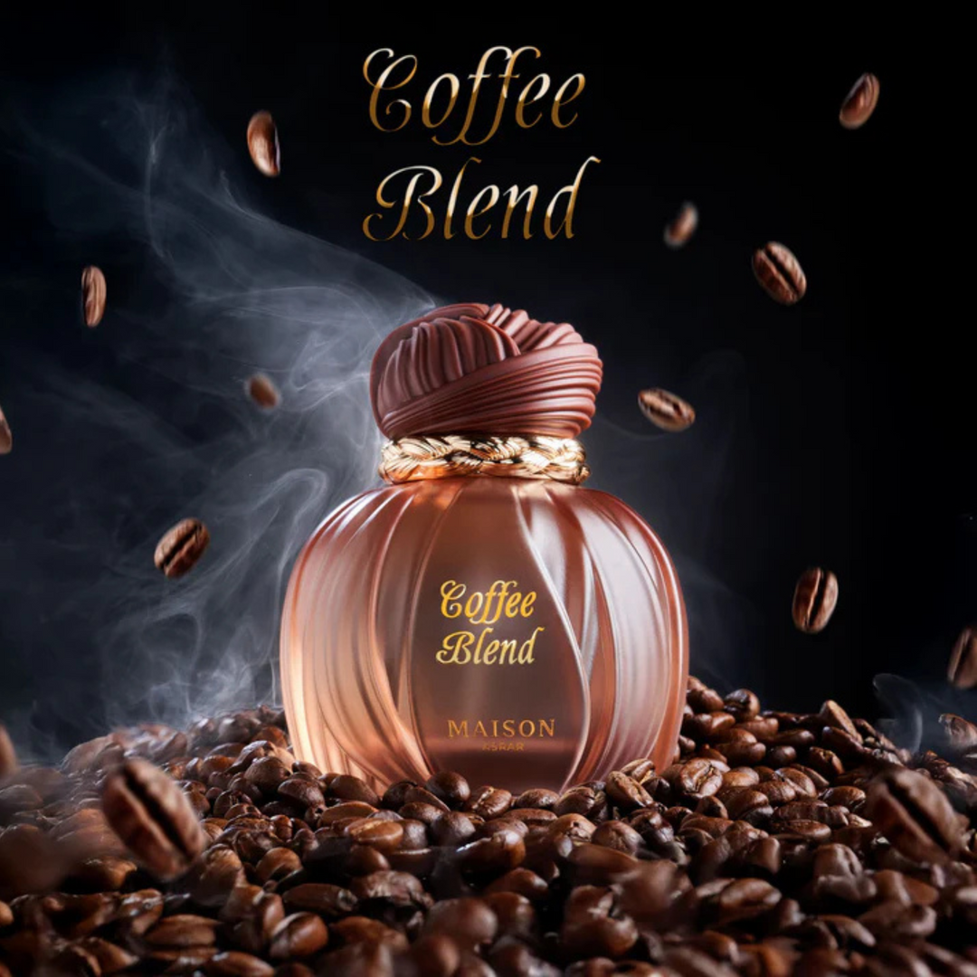 Maison Asrar Coffee Blend EDP 100ml perfume bottle straight front view on roasted coffee beans with Coffee Blend text – delicious gourmand coffee scent with coffee bergamot, caramel vanilla jasmine, amber tonka bean sandalwood musk