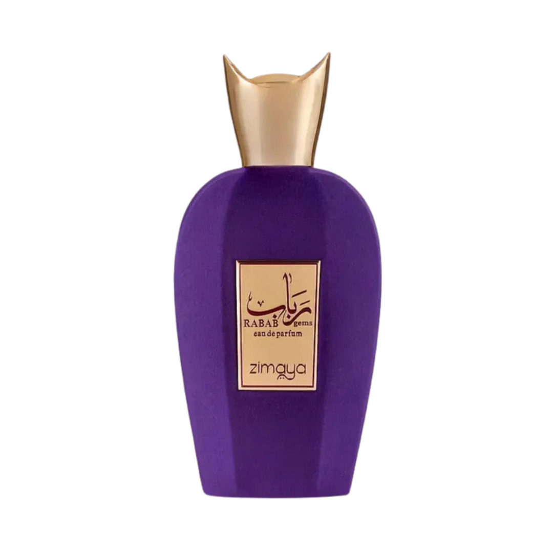 Straight front view of Zimaya Rabab Gems EDP 100ml perfume bottle – vibrant floral fruity fragrance with top notes bergamot lemon black currant, heart of rose jasmine violet, base of amber musk vanilla sandalwood